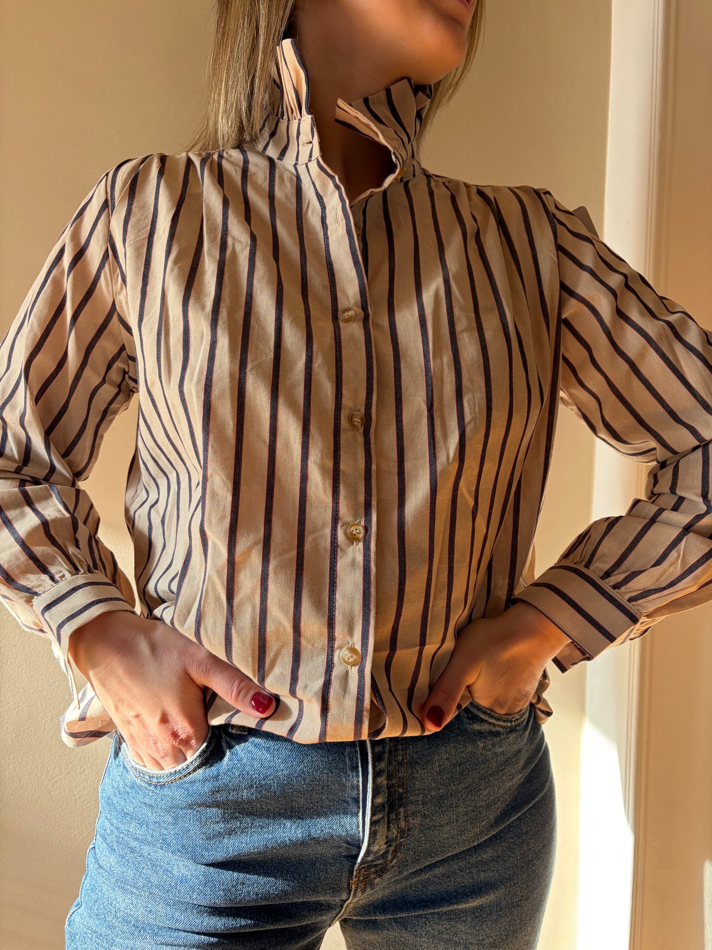 Blouse col rayé beige marine ROMANE - Anemone Store