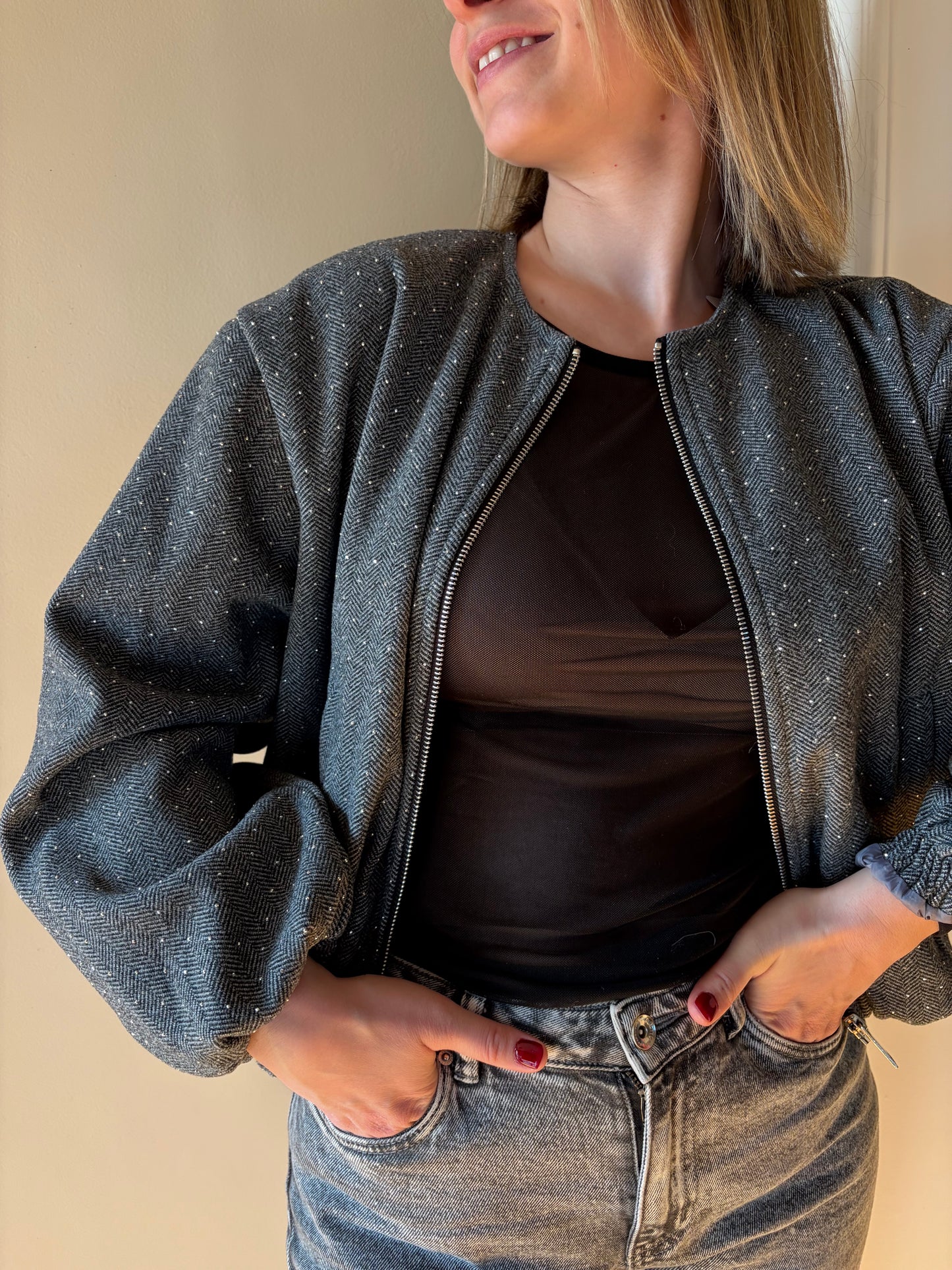 Veste courte grise strass FELY - Anemone Store