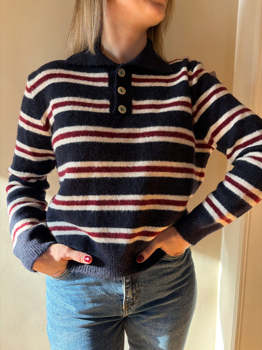 Pull col rayé marine bordeaux OLIVIA