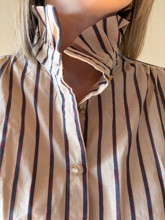 Blouse col rayé beige marine ROMANE