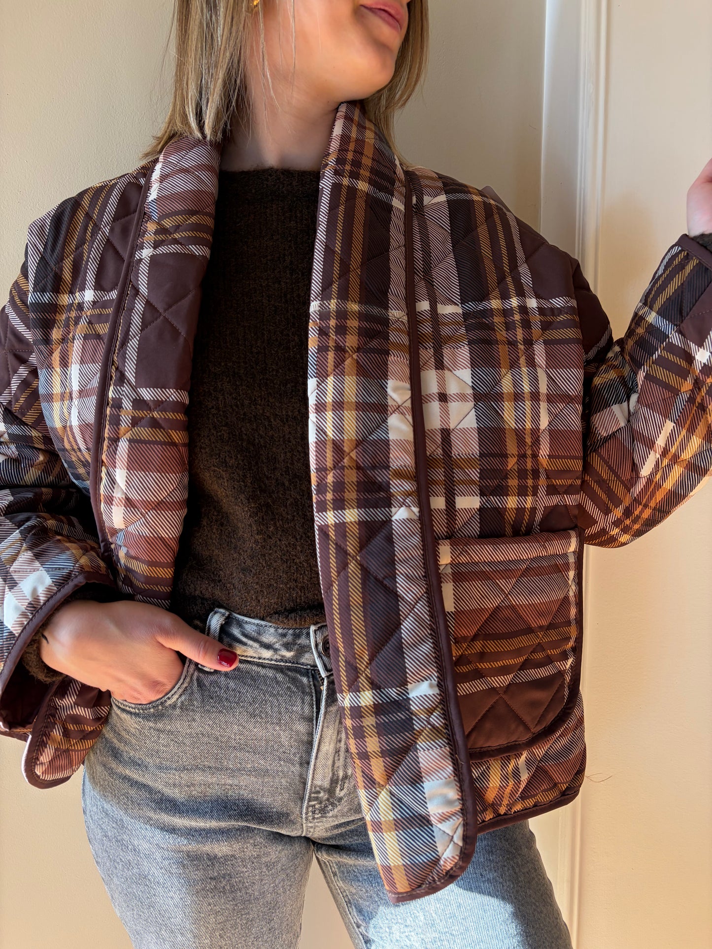 Veste loose carreaux marron moutarde REBECA - Anemone Store