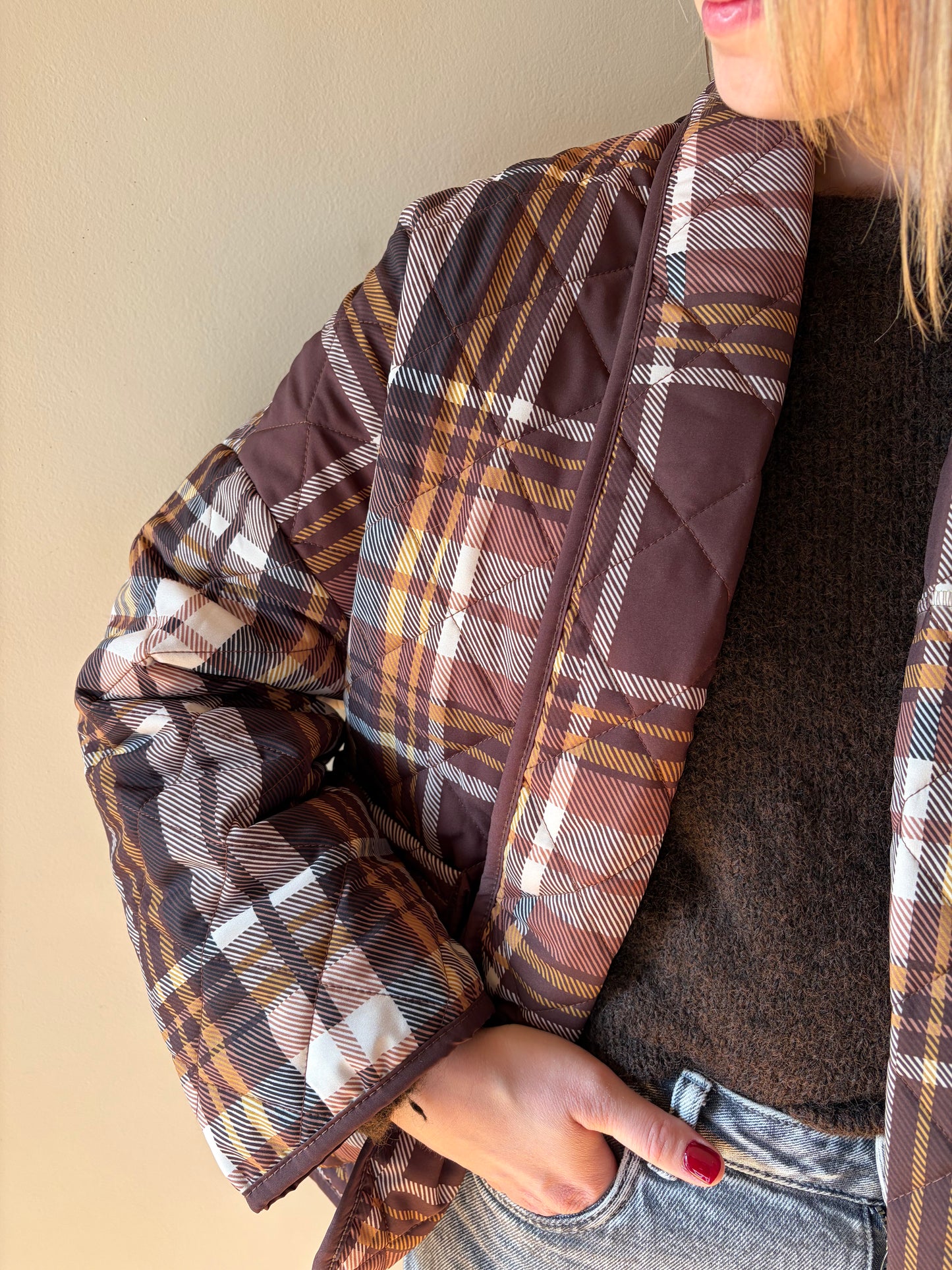 Veste loose carreaux marron moutarde REBECA - Anemone Store