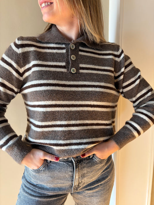 Pull col rayé taupe chocolat OLIVIA